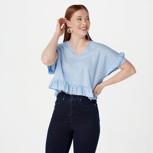 NWT BISHOP + YOUNG RUFFLED SLEEVE KNIT TEE SKY BLUE SMALL - Picture 1 of 14